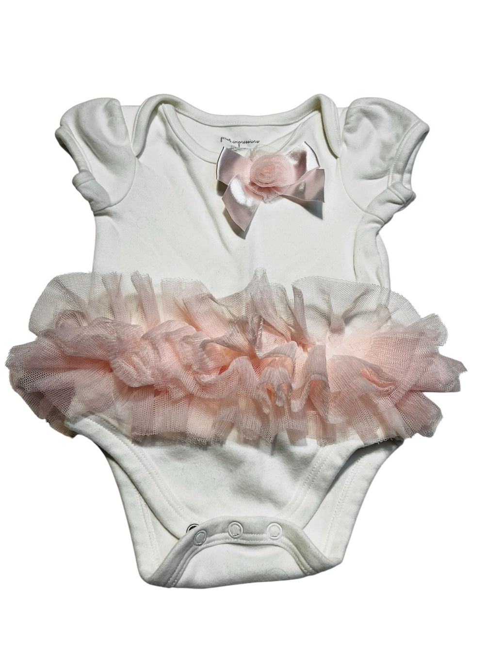 First Impressions White Onesie with Pale Pink Satin Bow and Tulle Flower